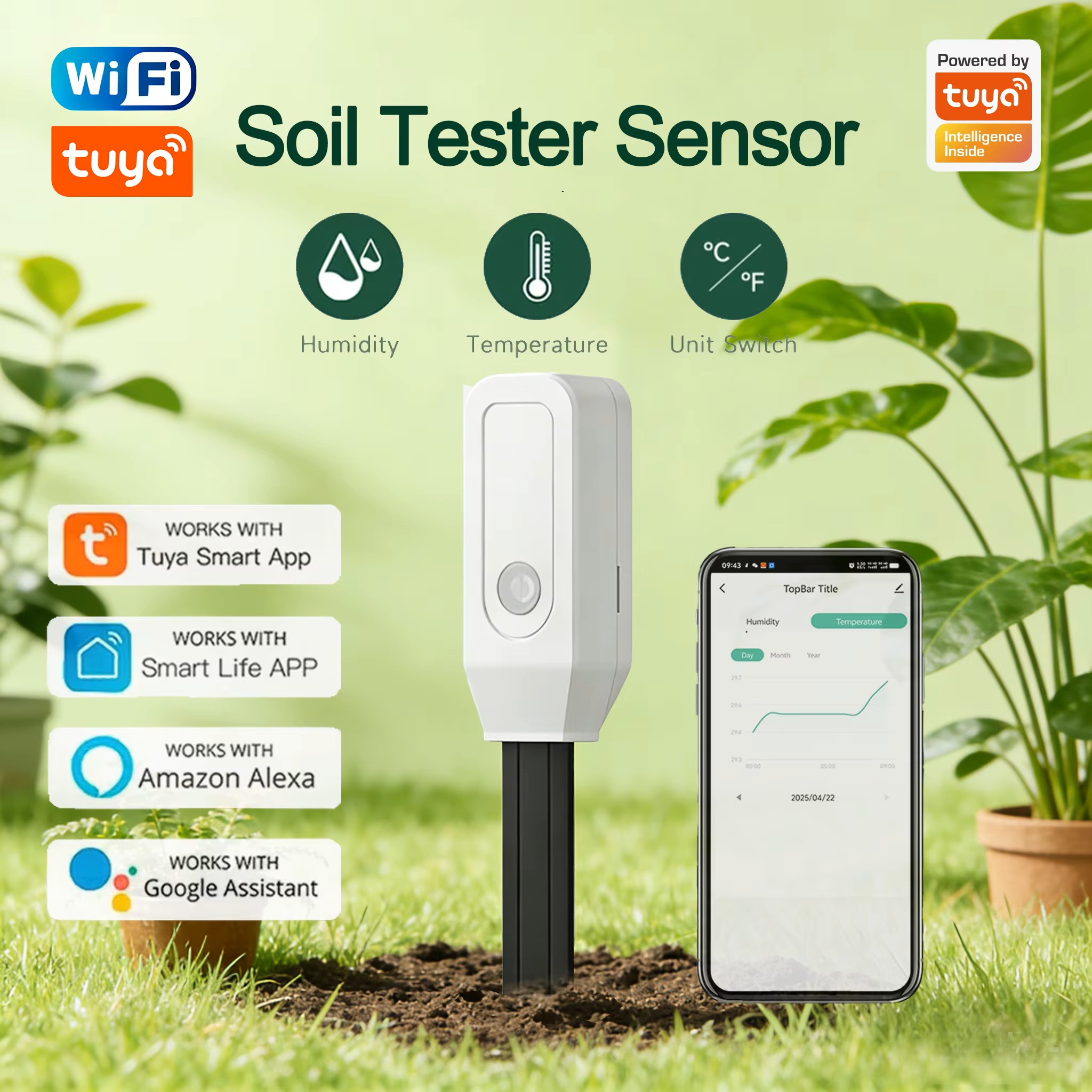 Plant Parent App - Tuya WiFi 土壌水分計 温度湿度センサー ガーデン植物モニター 自動散水用