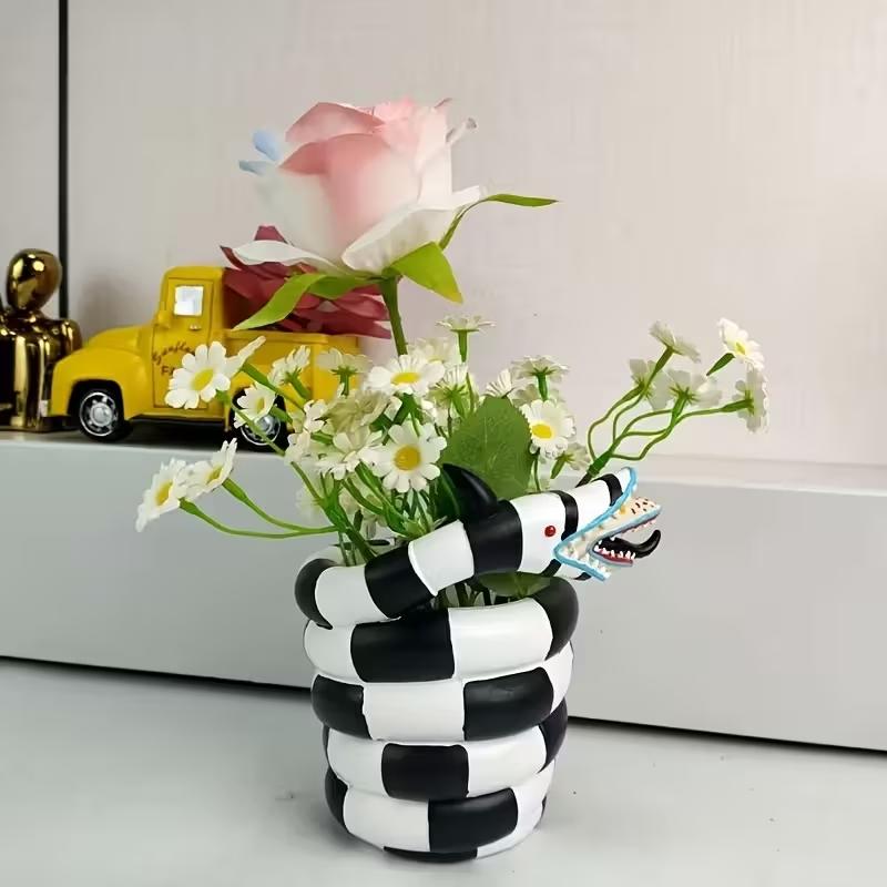 Snake Plant Ceramic - 1個入り黒と白の蛇型樹脂製植木鉢 - クリエイティブなDIYスタイルの装飾鉢、屋内と屋外での使用に適しており、盆栽や家の装飾、室内植物に最適、遊び心のあるデザイン