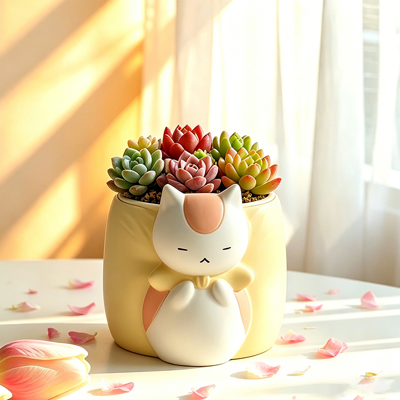 Snake Plant Ceramic - 眠そうなぽっちゃり猫の樹脂製多肉植物プランター、かわいい動物型植木鉢、小さな植物用、自宅のバルコニー、窓辺、デスクトップの装飾に