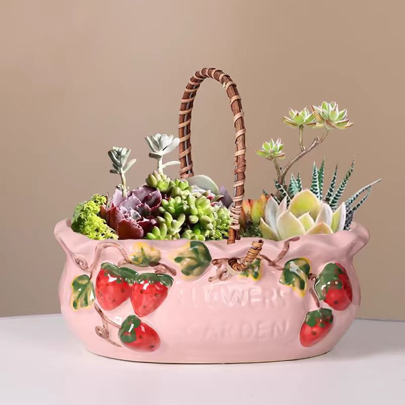 Snake Plant Ceramic - 1 個クリエイティブセラミックプランター多肉植物用通気性ポットハンドル付きかわいいイチゴの雰囲気ピンク