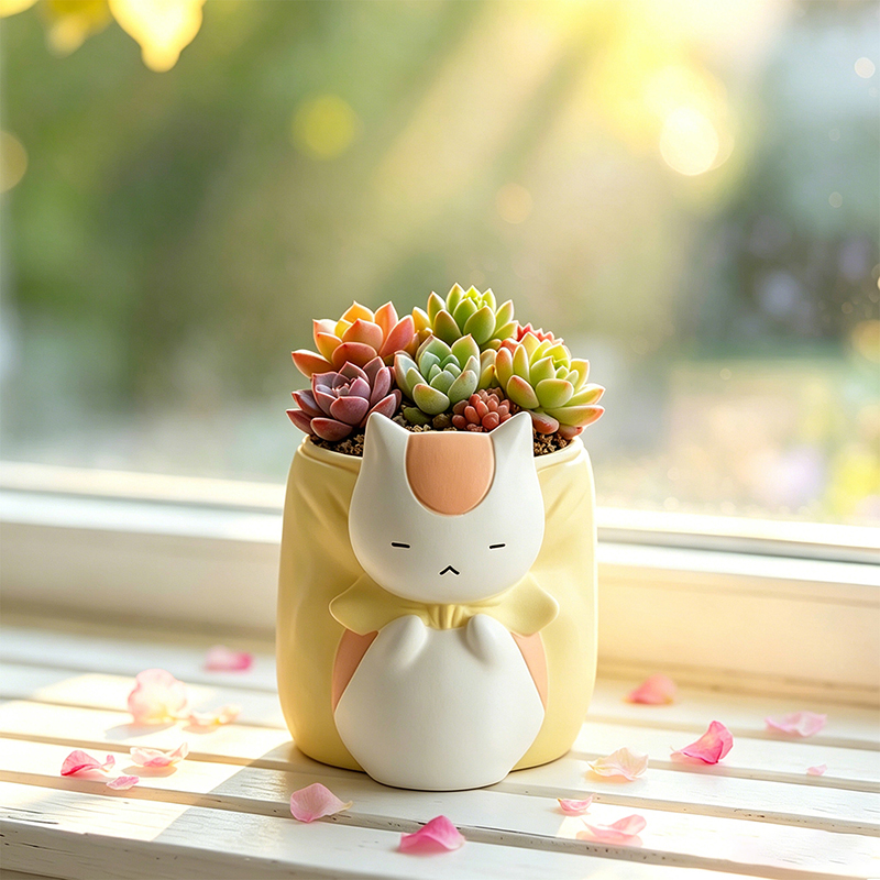 眠そうなぽっちゃり猫の樹脂製多肉植物プランター、かわいい動物 - Snake Plant Ceramic のレビューと価格