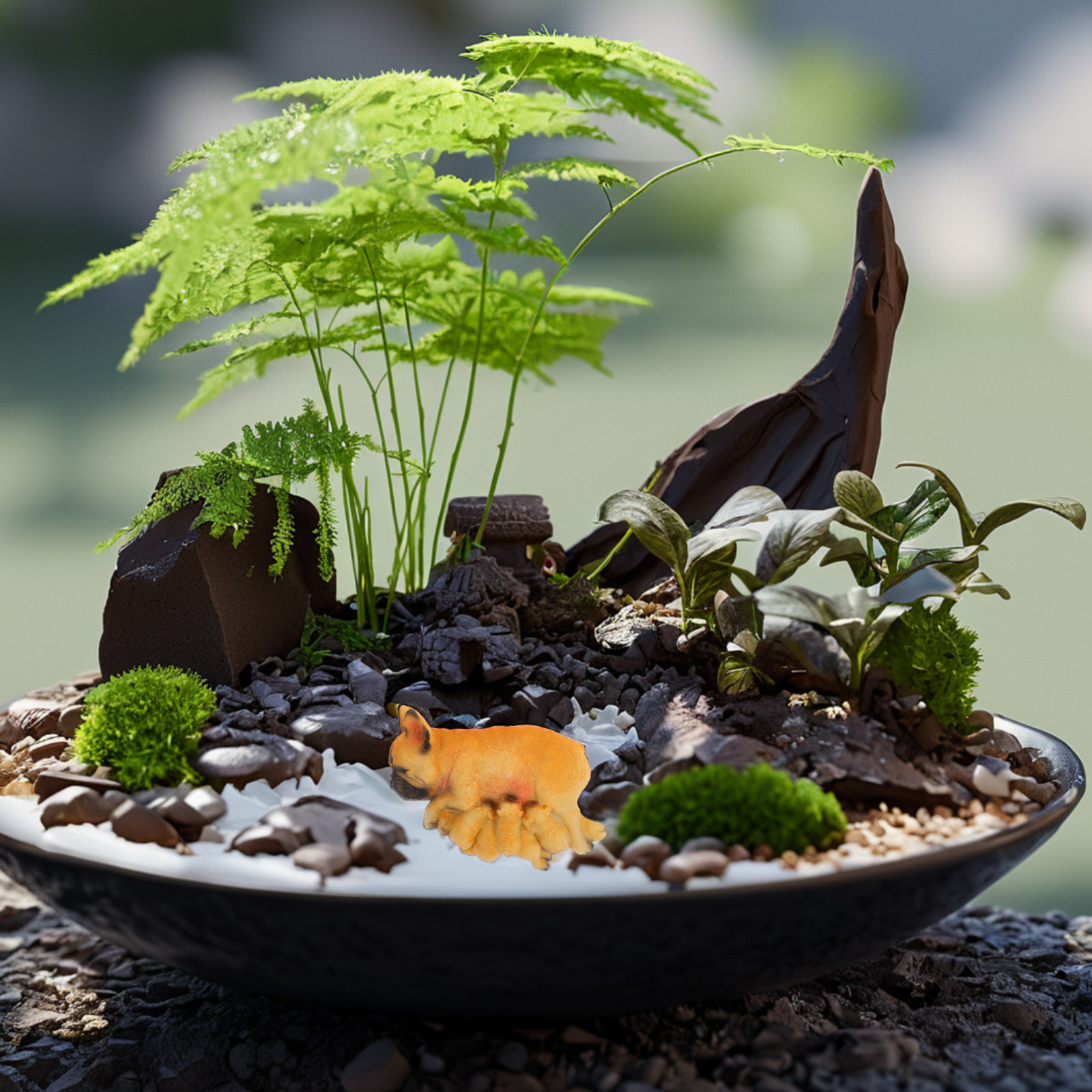 リアルなミニフレンチブルドッグの樹脂製像、子犬の彫刻、妖精の - Succulent Arrangement Mini のレビューと価格